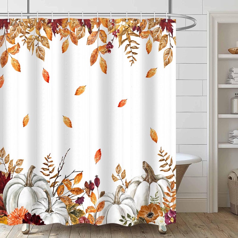 iTapnoom Fall Pumpkins Maple Leaf Shower Curtain  Autumn Leaves Harvest Thanksgiving Farmhouse Watercolor Seasonal Bathroom Curtain Sets  Waterproof Fabric Polyester with Hooks  72x72 White - Image 2