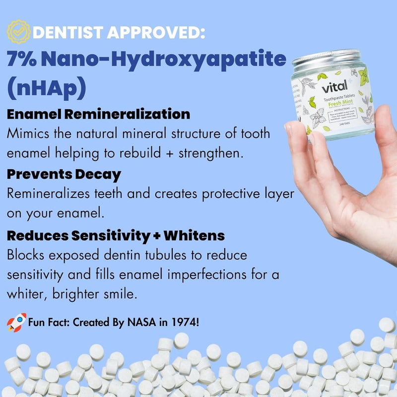 Vital Toothpaste Tabs with 7 NanoHydroxyapatite Naturally Whitens Remineralizes Teeth Fluoride Plastic Free Combats Sensitivity Travel Eco Friendly Fresh Mint 62 Tablets 1 Month - Image 2
