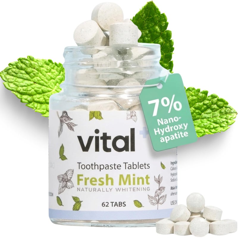 Vital Toothpaste Tabs with 7 NanoHydroxyapatite Naturally Whitens Remineralizes Teeth Fluoride Plastic Free Combats Sensitivity Travel Eco Friendly Fresh Mint 62 Tablets 1 Month - Image 1