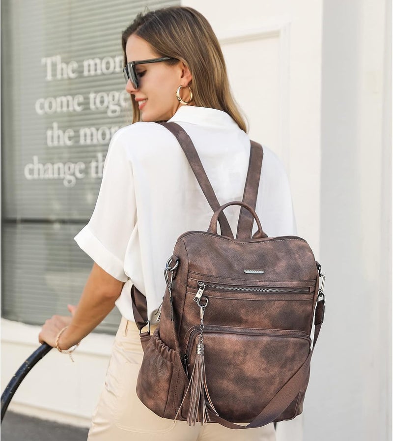CLUCI Backpack Purse for Women Large Womens Leather Travel Backpack Work Fashion Ladies Casual Daypack with Tassel Two-tone coffee - Image 2
