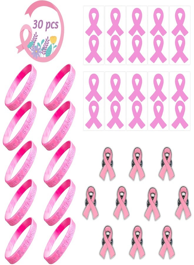 Dxmimer 30 Pcs Breast Cancer Awareness Accessories, Include Breast Cancer Bracelets Silicone, Breast Cancer Ribbon Pins and Bulk Pink Ribbon Stickers for Charity Public and Social Event Supplies - Image 1