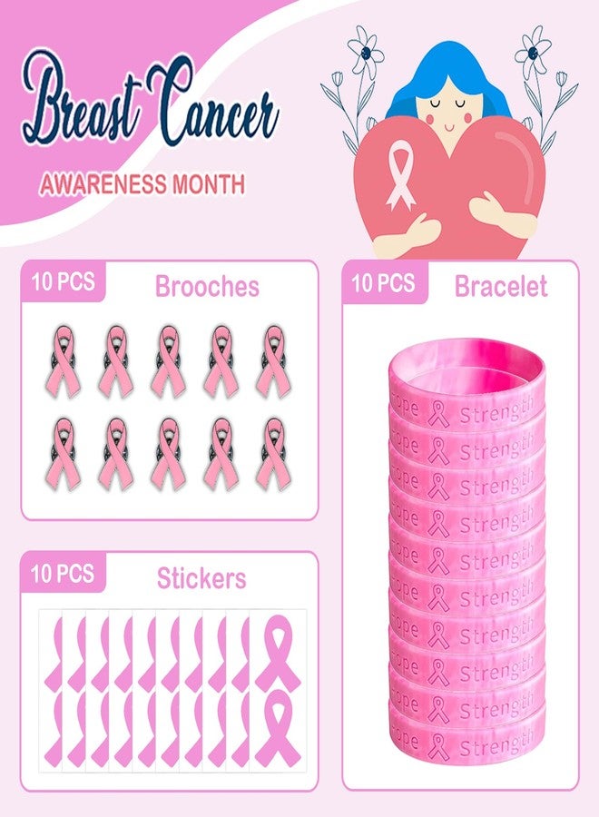Dxmimer 30 Pcs Breast Cancer Awareness Accessories, Include Breast Cancer Bracelets Silicone, Breast Cancer Ribbon Pins and Bulk Pink Ribbon Stickers for Charity Public and Social Event Supplies - Image 2
