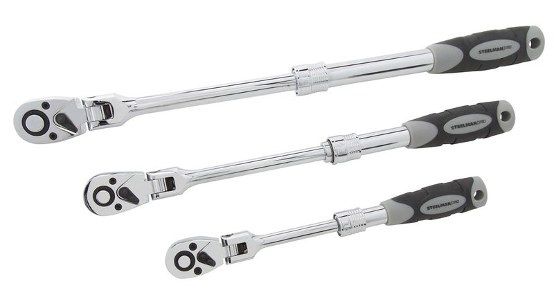 Steelman Pro 72-Tooth Extendable Flex-Head Ratchet Tool Set 3-Piece (1/4 3/8 And 1/2-Inch Drives) Chrome-Vanadium Steel 180-Degree Flex-Head Ideal For Auto Mechanics/Confined Spaces - Image 2