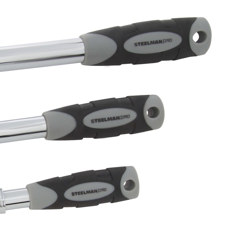 Steelman Pro 72-Tooth Extendable Flex-Head Ratchet Tool Set 3-Piece (1/4 3/8 And 1/2-Inch Drives) Chrome-Vanadium Steel 180-Degree Flex-Head Ideal For Auto Mechanics/Confined Spaces - Image 4