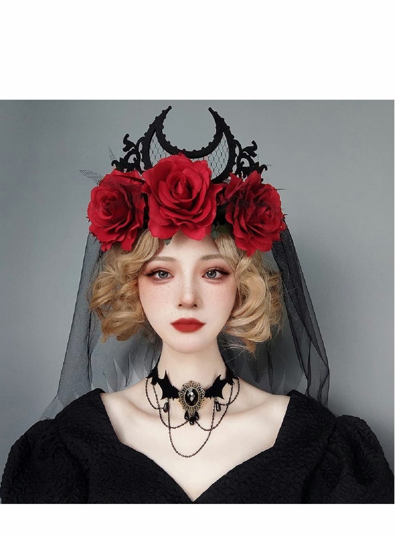 Masquerade Mask, Set of   Headband, Vintage Style Headband Black Lace Baroque Queen Crown Moon Red Rose With Gauze Mesh Hair Bands Set, Ball Party Masquerade and Cosplay  - Image 1