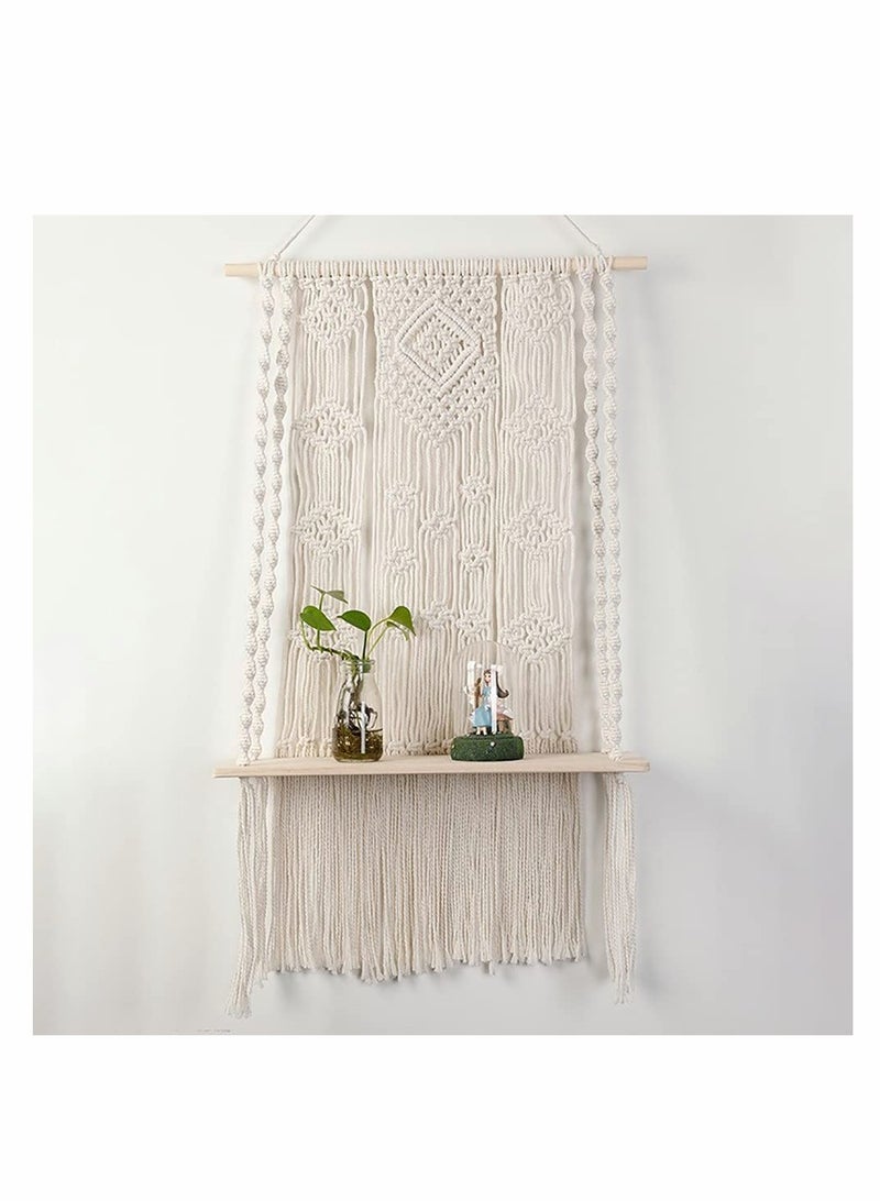KASTWAVE Macrame Wall Hanging Shelf, Wall Hanging Shelf Woven Home Organizer Decor, White Handmade Wood Boho Rope Plant Pot Basket Hanger Holder, Cotton Rope Plant Hanger for Home Wall Decor - Image 1