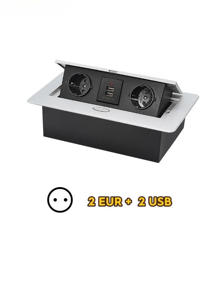 AROAQ Retractable Installation Socket Strip, Strong Durable Built In Three Way Table Socket, Flame Retardant All Aluminum Panel Hidden Type Table Socket, (2EUR Plus 2USB, Silver)  - Image 1