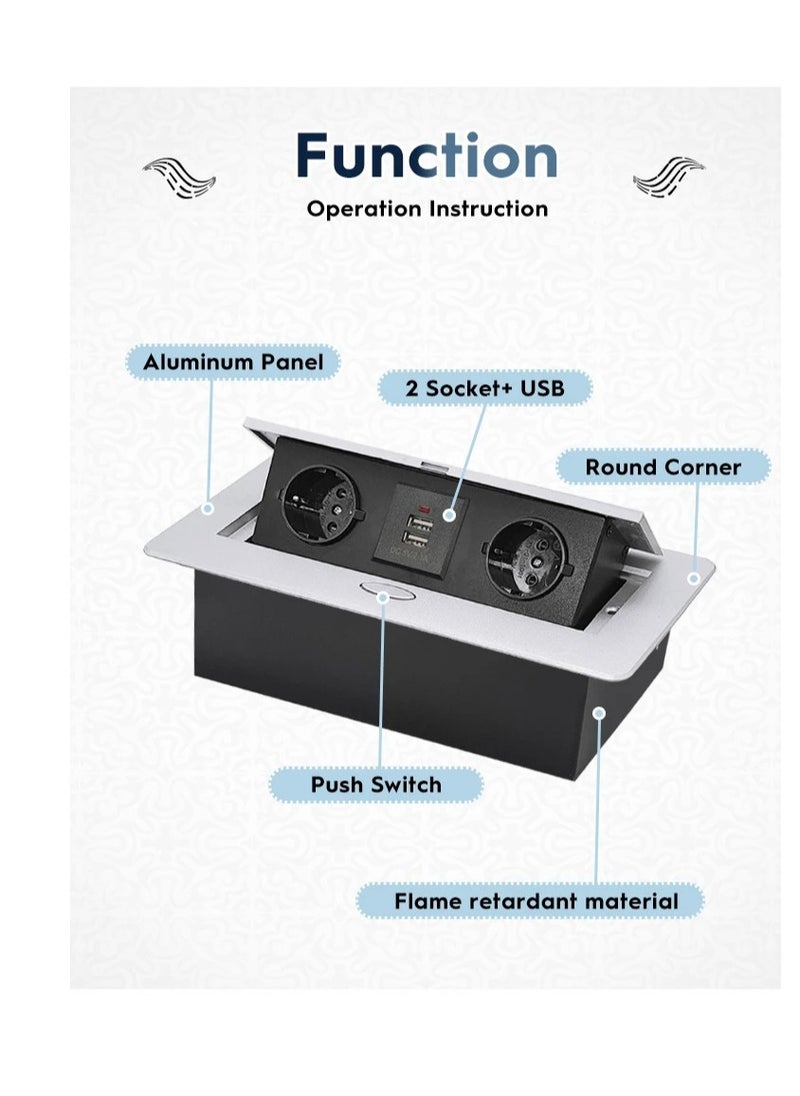 AROAQ Retractable Installation Socket Strip, Strong Durable Built In Three Way Table Socket, Flame Retardant All Aluminum Panel Hidden Type Table Socket, (2EUR Plus 2USB, Silver)  - Image 2