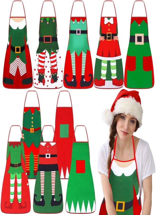 Toulite 10 Pcs Elf Christmas Apron Adjustable Kitchen Cooking Aprons BBQ Bib Funny Chef Apron for Women Men Xmas(Green and Red) - Image 1
