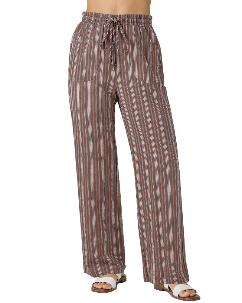 GRAPENT Womens Pants Casual Women's Lounge Drawstring Linen Women Summer Wide Leg for Beach Striped Cotton Linen Pants, Brown Stripe, M, US Size 8 to 10 - Image 1
