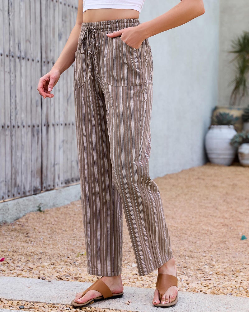 GRAPENT Womens Pants Casual Women's Lounge Drawstring Linen Women Summer Wide Leg for Beach Striped Cotton Linen Pants, Brown Stripe, M, US Size 8 to 10 - Image 3