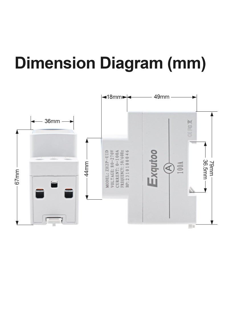 Exqutoo Exqutoo Digital Display Energy Meter - AC Rail-Mounted Meter Electricity Usage Monitor for Voltage, Current, and Energy Consumption Measurement - GT2P-UID, AC 80~270V, 0~100A, 50/60Hz  - Image 5