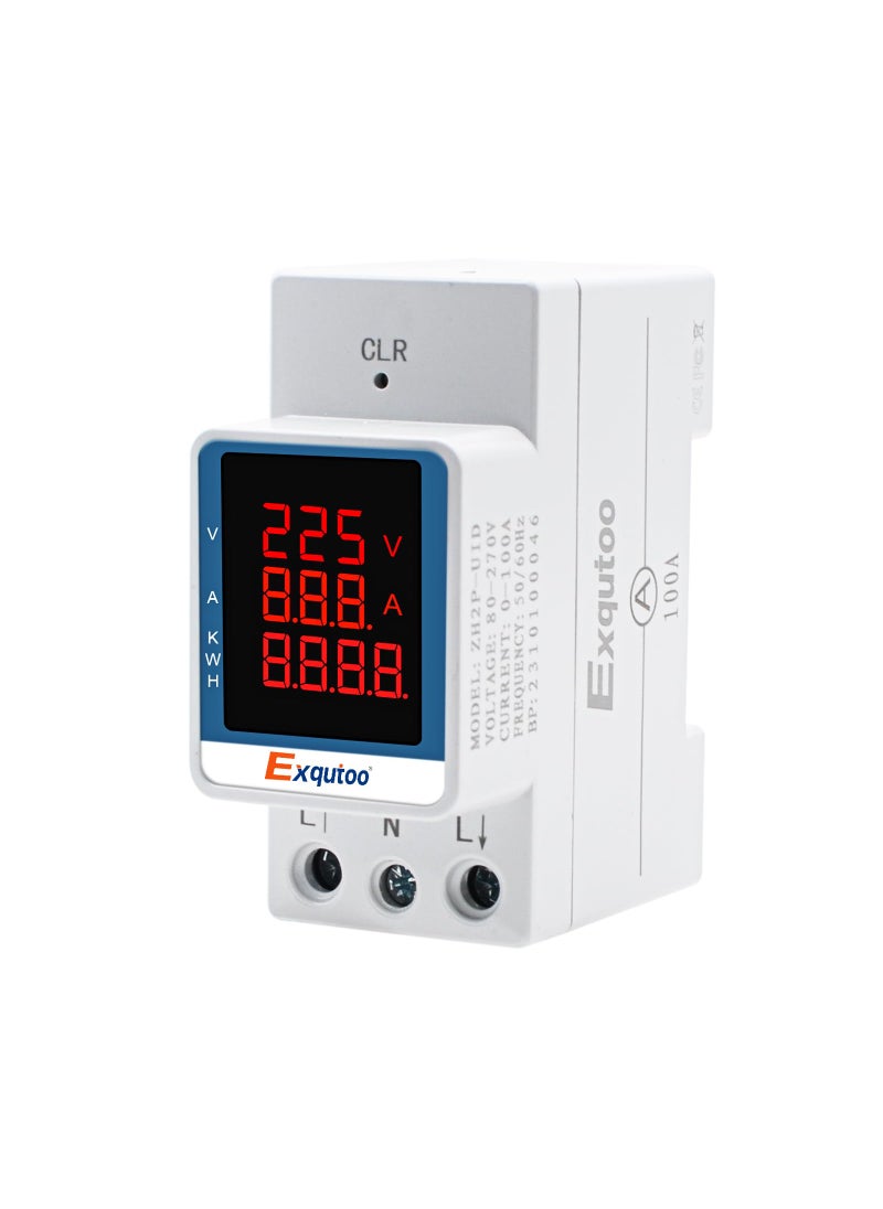 Exqutoo Exqutoo Digital Display Energy Meter - AC Rail-Mounted Meter Electricity Usage Monitor for Voltage, Current, and Energy Consumption Measurement - GT2P-UID, AC 80~270V, 0~100A, 50/60Hz  - Image 1