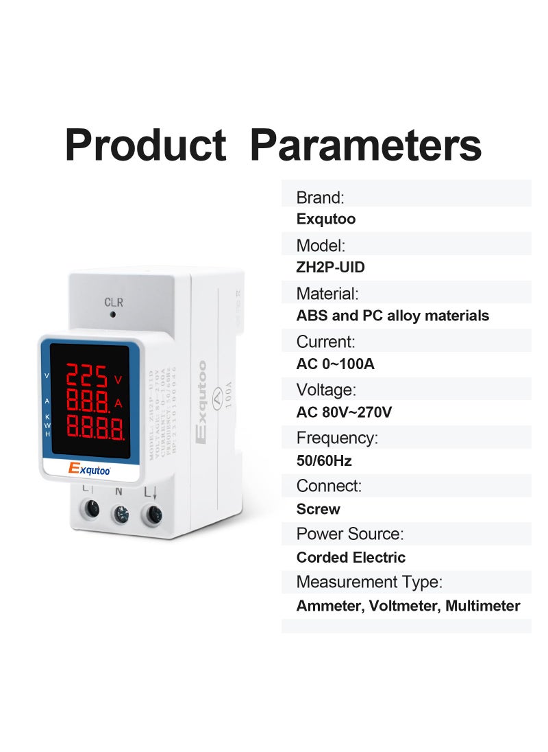 Exqutoo Exqutoo Digital Display Energy Meter - AC Rail-Mounted Meter Electricity Usage Monitor for Voltage, Current, and Energy Consumption Measurement - GT2P-UID, AC 80~270V, 0~100A, 50/60Hz  - Image 4