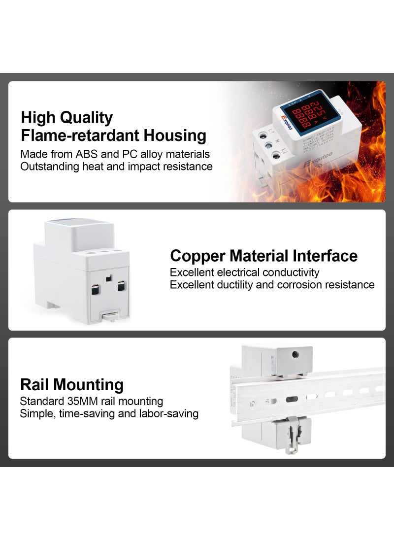Exqutoo Exqutoo Digital Display Energy Meter - AC Rail-Mounted Meter Electricity Usage Monitor for Voltage, Current, and Energy Consumption Measurement - GT2P-UID, AC 80~270V, 0~100A, 50/60Hz  - Image 3