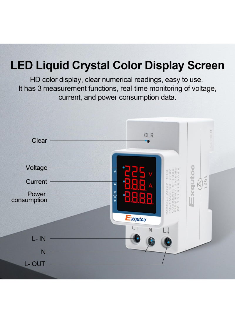 Exqutoo Exqutoo Digital Display Energy Meter - AC Rail-Mounted Meter Electricity Usage Monitor for Voltage, Current, and Energy Consumption Measurement - GT2P-UID, AC 80~270V, 0~100A, 50/60Hz  - Image 2
