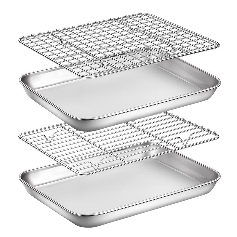 Yododo Baking Sheet with Rack Set, Yododo Set of 4 (2 Sheets + 2 Racks), Stainless Steel Cookie Sheet Baking Pan Tray with Cooling Rack, Non Toxic & Heavy Duty & Easy Clean - Size of 9 inch - Image 1