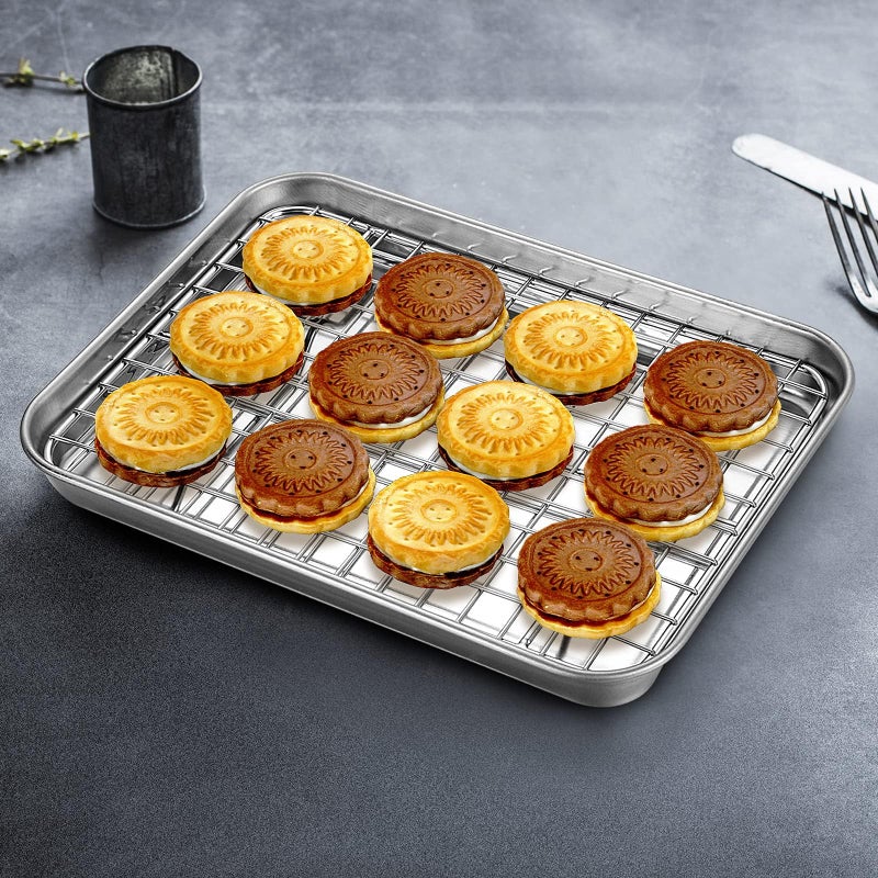 Yododo Baking Sheet with Rack Set, Yododo Set of 4 (2 Sheets + 2 Racks), Stainless Steel Cookie Sheet Baking Pan Tray with Cooling Rack, Non Toxic & Heavy Duty & Easy Clean - Size of 9 inch - Image 5