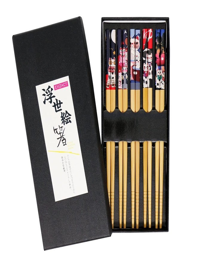 Exzact Chopsticks Gift Set - 5 Pairs of Reusable Natural Bamboo Chopsticks in a Beautiful Black Handmade Box - Decorated Japanese Lucky Cat/Fortune Cat Style - Image 1