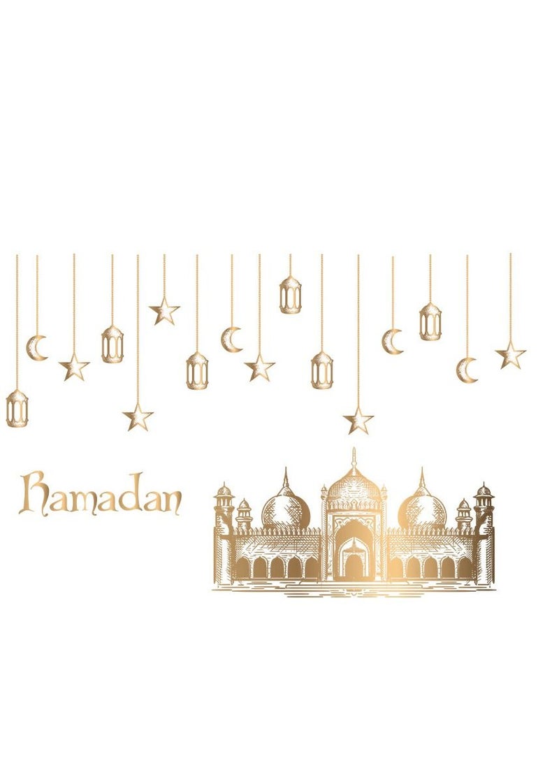 Y&D Ramadan Kareem Wall Stickers Decorations Eid Mubarak Lantern Decals Moon Star Window Clings For Home Living Room Bedroom (Gold) - Image 2