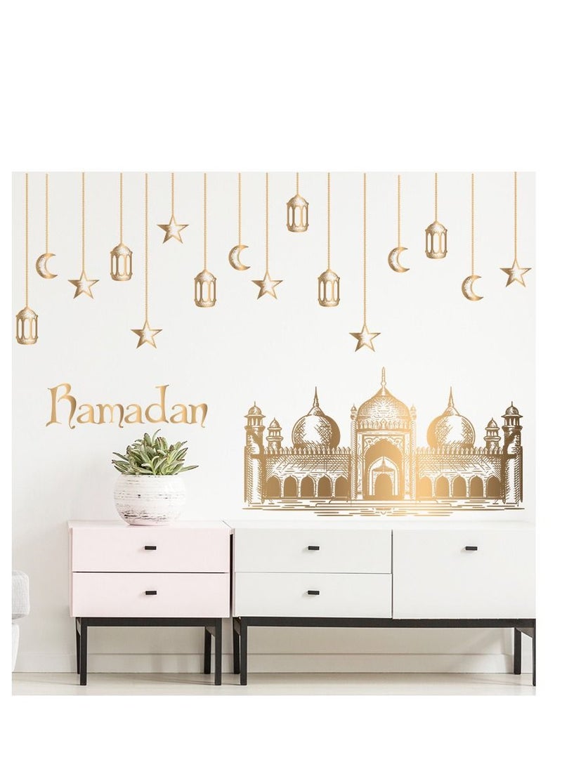 Y&D Ramadan Kareem Wall Stickers Decorations Eid Mubarak Lantern Decals Moon Star Window Clings For Home Living Room Bedroom (Gold) - Image 1