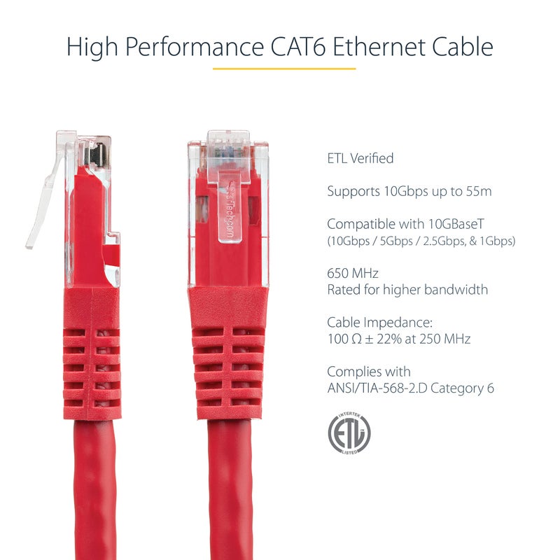 StarTech.com 25ft CAT6 Ethernet Cable - Red CAT 6 Gigabit Ethernet Wire -650MHz 100W PoE++ RJ45 UTP Molded Category 6 Network/Patch Cord w/Strain Relief/Fluke Tested UL/TIA Certified (C6PATCH25RD) - Image 2