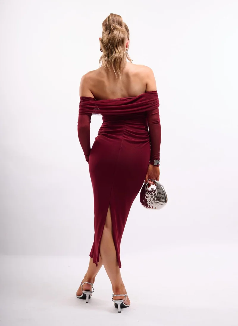 Faia Burgundy Bardot Midi Dress in Burgundy Ruched Mesh for Women | Best Price UAE
