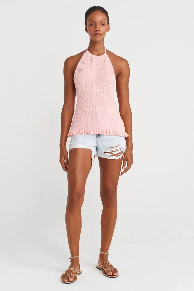 Dilvin Blush Pink DILVIN Slim Fit Halter-Neck Knit Blouse for Women | Best Price UAE
