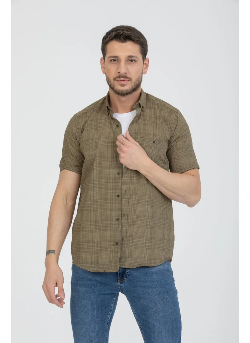فاريتا Green Men's Short Sleeve Striped Collar Buttoned Pocket Shirt