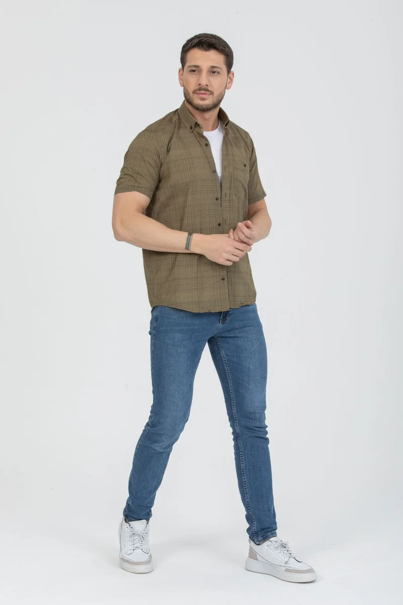 فاريتا Green Men's Short Sleeve Striped Collar Buttoned Pocket Shirt