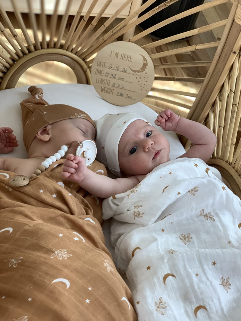 Miaoberry Organic Muslin Swaddle Blanket and Hat Set – Moon and Stars Nursery Decor – Sun & Moon Baby Hospital Receiving Outfit for Birth Announcement, Newborn Photography - Image 3