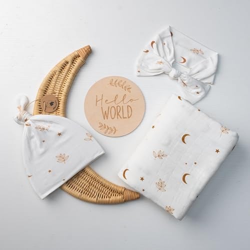 Miaoberry Organic Muslin Swaddle Blanket and Hat Set – Moon and Stars Nursery Decor – Sun & Moon Baby Hospital Receiving Outfit for Birth Announcement, Newborn Photography - Image 1