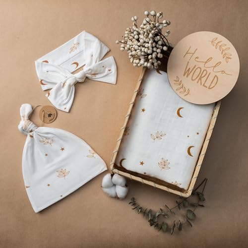 Miaoberry Organic Muslin Swaddle Blanket and Hat Set – Moon and Stars Nursery Decor – Sun & Moon Baby Hospital Receiving Outfit for Birth Announcement, Newborn Photography - Image 2