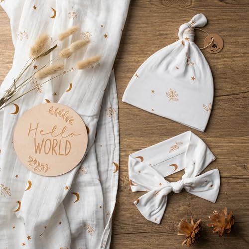 Miaoberry Organic Muslin Swaddle Blanket and Hat Set – Moon and Stars Nursery Decor – Sun & Moon Baby Hospital Receiving Outfit for Birth Announcement, Newborn Photography - Image 5