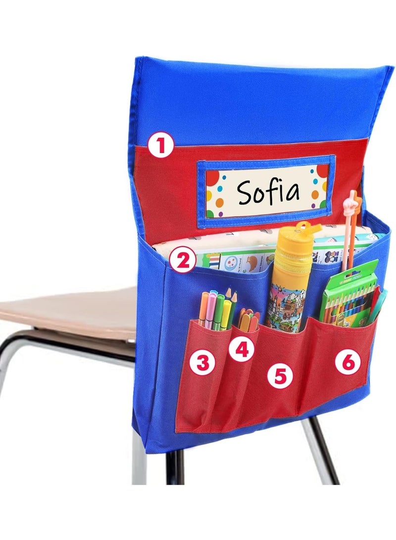 Chair Back Pocket School Seat Chair Storage Pocket Organizer with Label Slot Multiple Pockets for School Home Classroom Preschool Daycare (Red+Blue) - Image 1