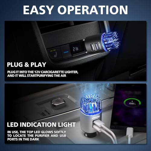 4WDKING Car Air Purifier Ionizer, 12V Plug-in Car Air Freshener Gadgets with Dual USB Charger Removes Cigarette Smoke, Pet and Food Odor, Ionic Ozone (Black) - Image 4