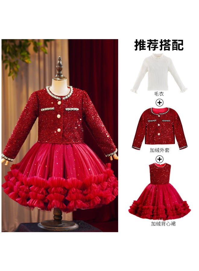 Red Sequined Little Chanel-style Girls' Dress Set, New Year Party Performance Outfit, Fluffy Skirt, Gorgeous And Festive New Style