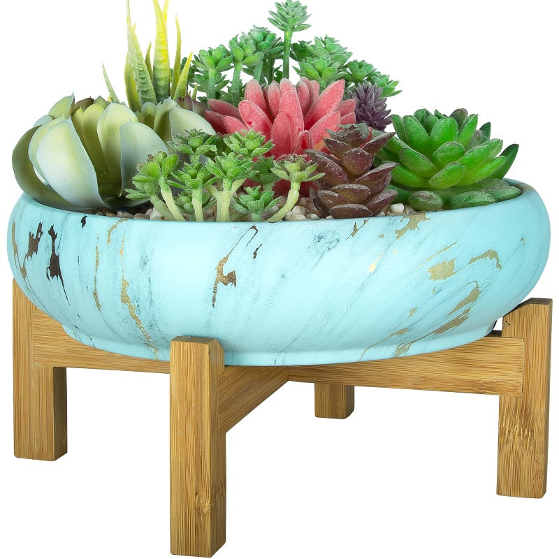 ARTKETTY Succulent Pot Large Succulent Planter Pot with Stand 10 Inch Ceramic Bonsai Pot with Drainage Round Marble Cactus Flower Plant Bowl for IndoorOutdoor