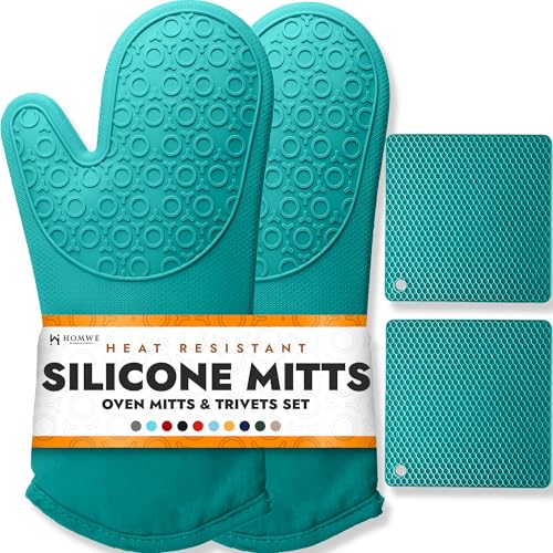 HOMWE BPA-Free Soft Silicone 4 Piece Oven Mitts & Trivets Set - Ultra Heat Resistant Oven Mitts with Thick Cotton Liner - Long Slip Resistant Pot Holders, Flexible Oven Gloves - Aqua - Image 1
