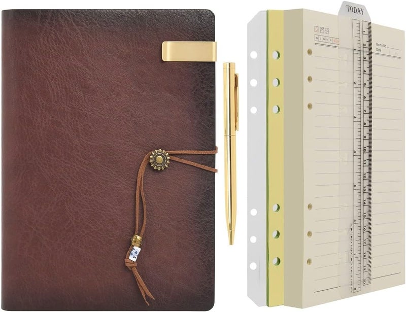 WONDERPOOL A5 Leather Diary Lined Paper Notebook & Pen - Refillable 6 Ring Binder Writing Spiral journal for Office Travel Work and Plan Agenda (a-Coffee, A5) - Image 1