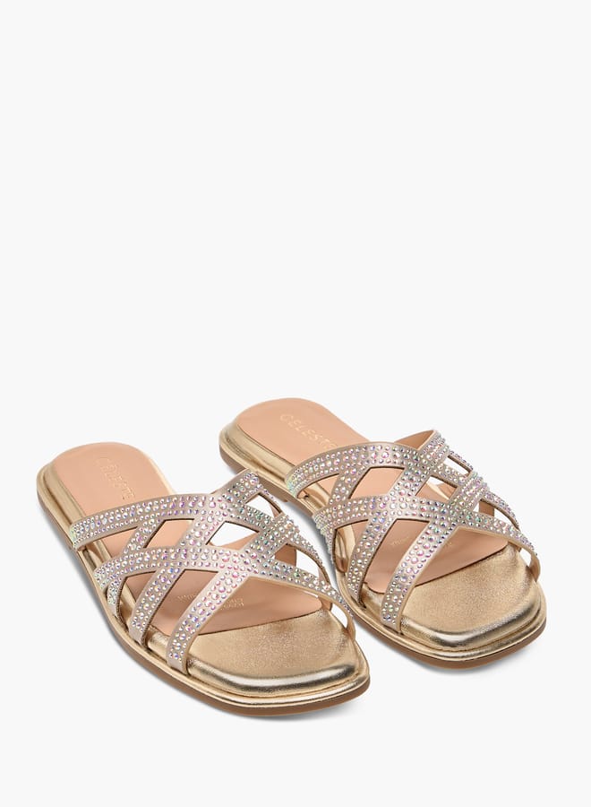 Celeste Girls' Diamante Embellished Slip-On Cross Strap Sandals - Image 3