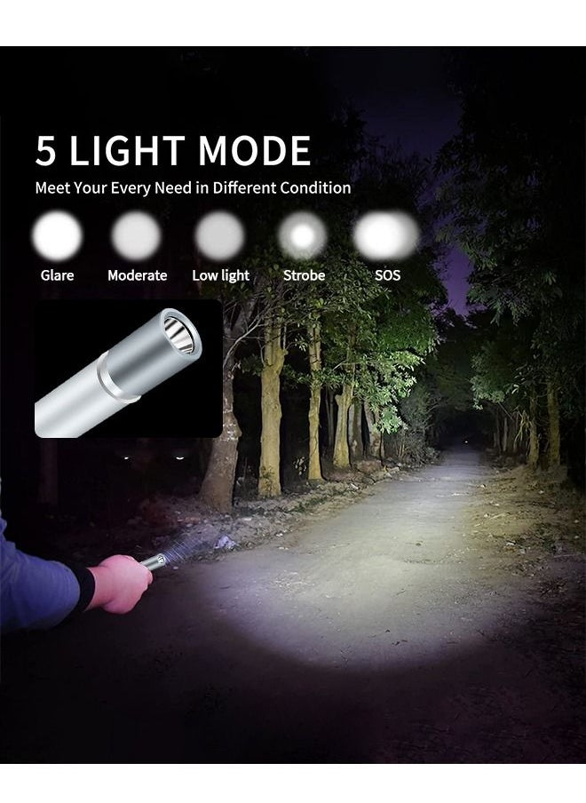 GROIC Mini Led Flashlight, Adjustable Focus Handheld Torch, USB Rechargeable Light, 5 Brightness Modes, Suitable for Emergency, Outdoor Riding, Camping, Etc-Sliver  - Image 2