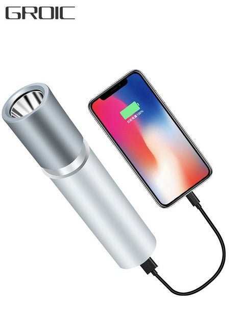 Mini Led Flashlight, Adjustable Focus Handheld Torch, USB Rechargeable Light, 5 Brightness Modes, Suitable for Emergency, Outdoor Riding, Camping, Etc-Sliver
