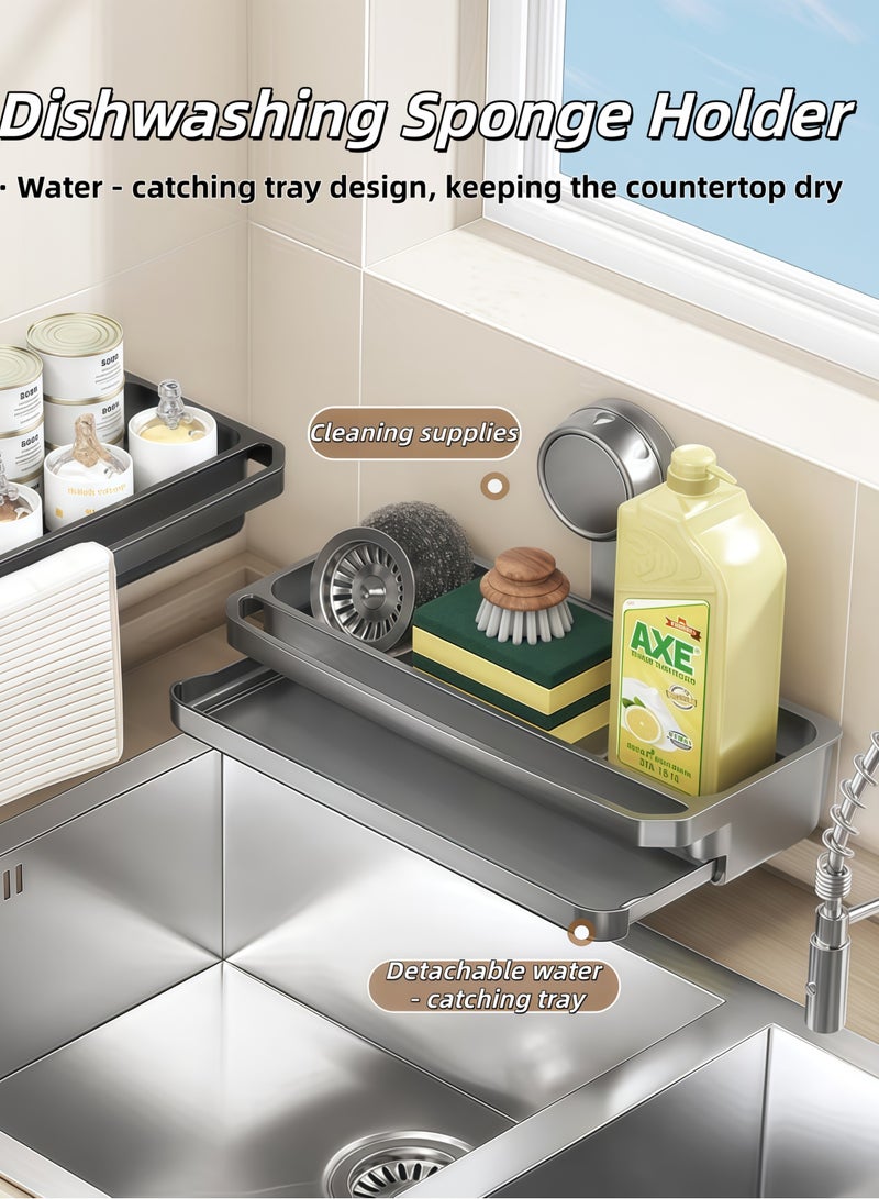 شو وو حامل إسفنجة غسل الأطباق، تركيب أفقي، تصريف تلقائي، تخزين للمطبخ، حامل صابون الأطباق والإسفنج لتخزين ملحقات المطبخ، منظم حوض المطبخ، موزع صابون مقاوم للصدأ، منظمات المطبخ وأساسيات التخزين - Image 1