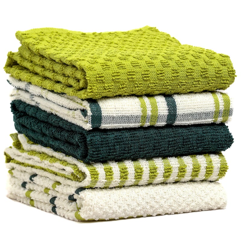 Olivia Rocco 5 Pack Terry Kitchen Tea Towels Cotton Super Absorbent Quick Drying Soft Towel Cloth Sage Green