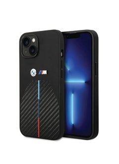 Bmw M Collection Quilted Pu Carbon Case With Hot Stamped Tricolor Stripe And Metal Logos For Iphone 14 Max Black