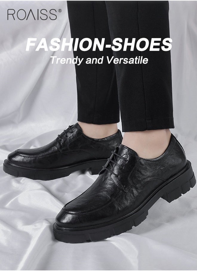 roaiss - Formal Business Leather Shoes for Men Round Toe Low Top Lace up Front Anti Slip Height Increasing Shoes Mens Burnished Premium Textured Soft Sole Comfort Wedding Groom Shoes - Image 1