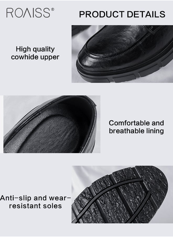 roaiss - Formal Business Leather Shoes for Men Round Toe Low Top Lace up Front Anti Slip Height Increasing Shoes Mens Burnished Premium Textured Soft Sole Comfort Wedding Groom Shoes - Image 1