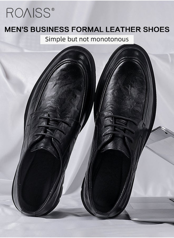 roaiss - Formal Business Leather Shoes for Men Round Toe Low Top Lace up Front Anti Slip Height Increasing Shoes Mens Burnished Premium Textured Soft Sole Comfort Wedding Groom Shoes - Image 1