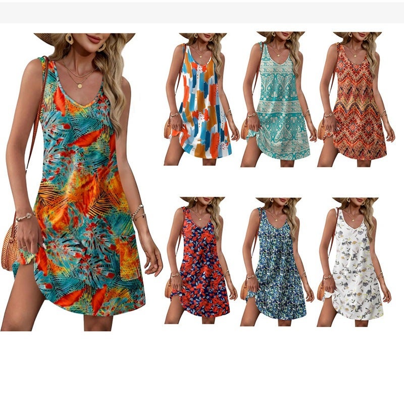 Women's Loose Sleeveless V-Neck Pocket Beach Dress Summer Midi - Image 1
